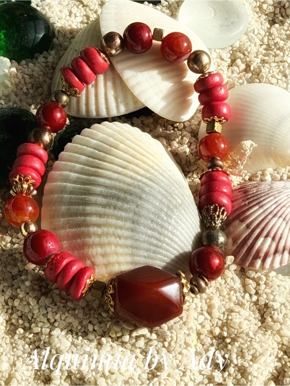 Americana Red turquoise and Orange carnelian Beaded Bracelet with gold Accents